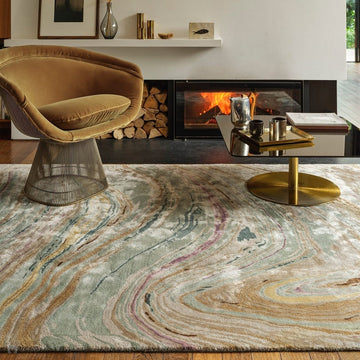 Katherine Carnaby Tuscany Modern Abstract Marbled Shimmer Smooth Soft-Touch High-Density Handmade Bamboo Silk/Wool Abalone Marble Multicolour/Green/Pink/Gold/Neutral Rug-Asiatic Carpets-Rug Love - The Most Loved Rug Store